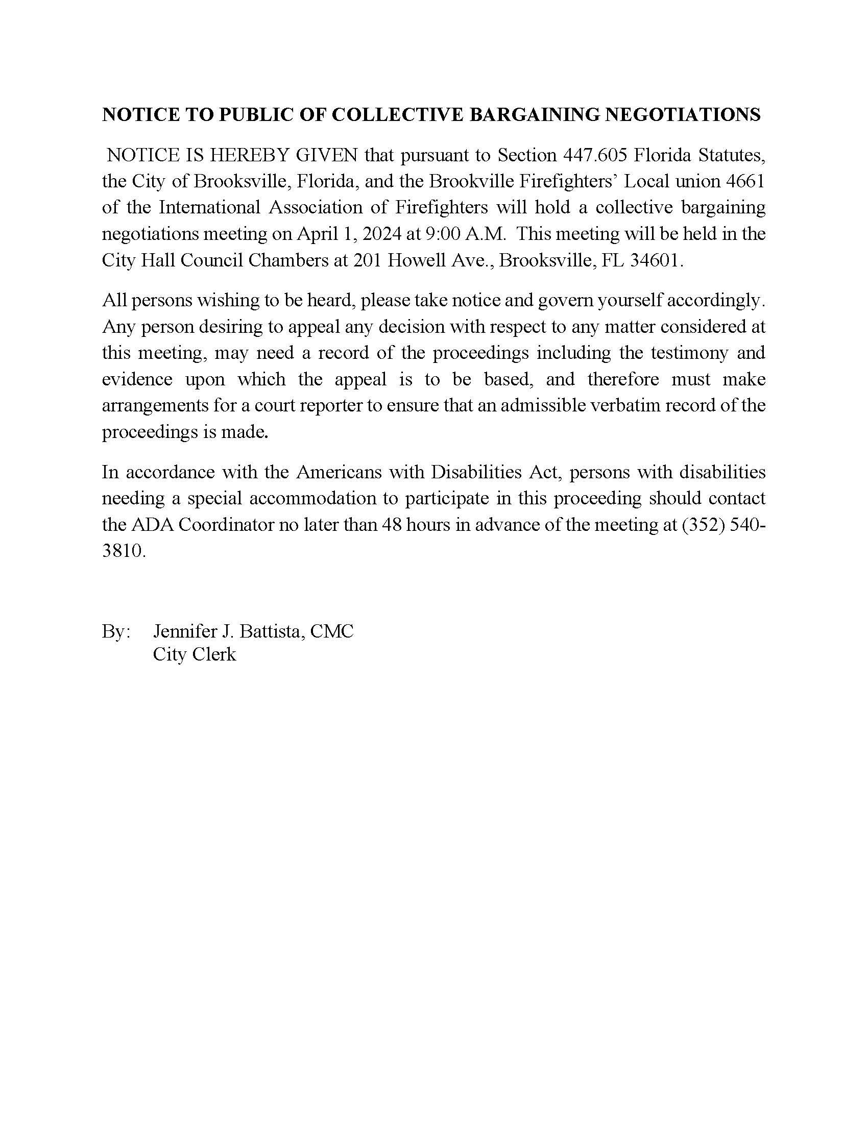 NOTICE TO PUBLIC OF COLLECTIVE BARGAINING NEGOTIATIONS 04-01-24