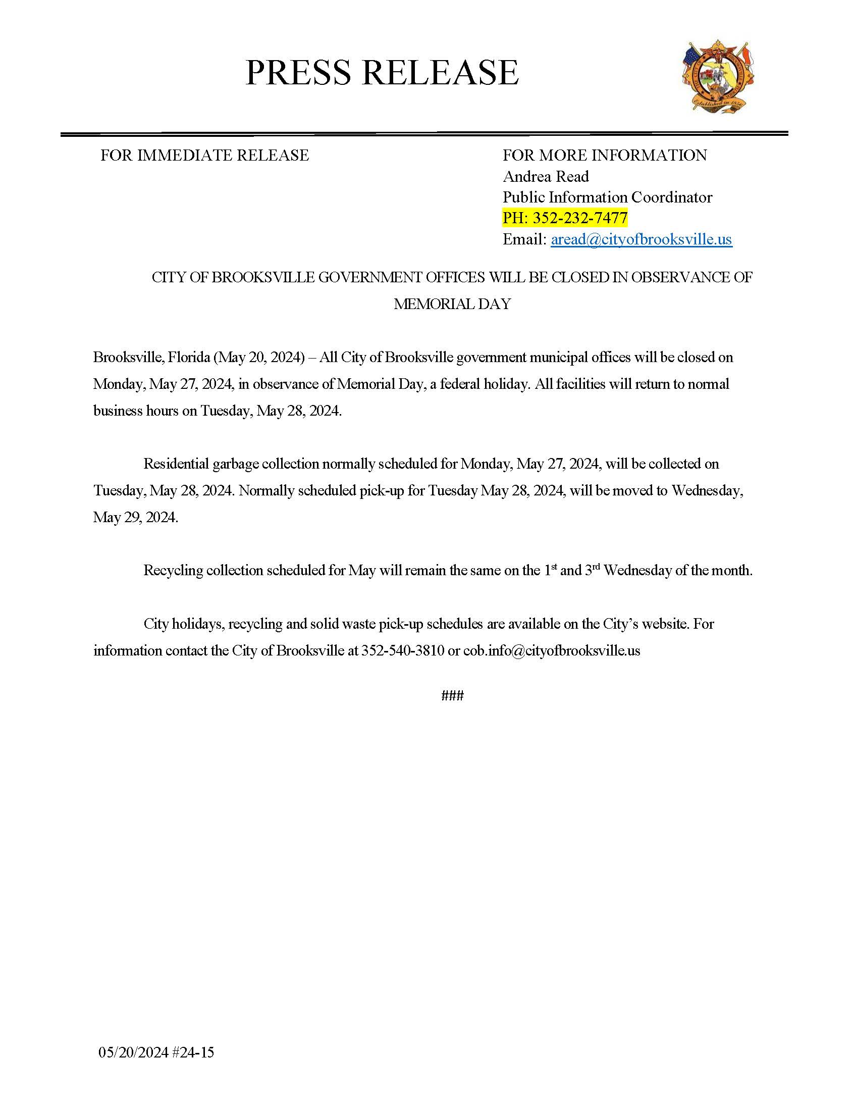 5.20.24 24-14 COB CLOSED FOR MEMORIAL DAY PIC